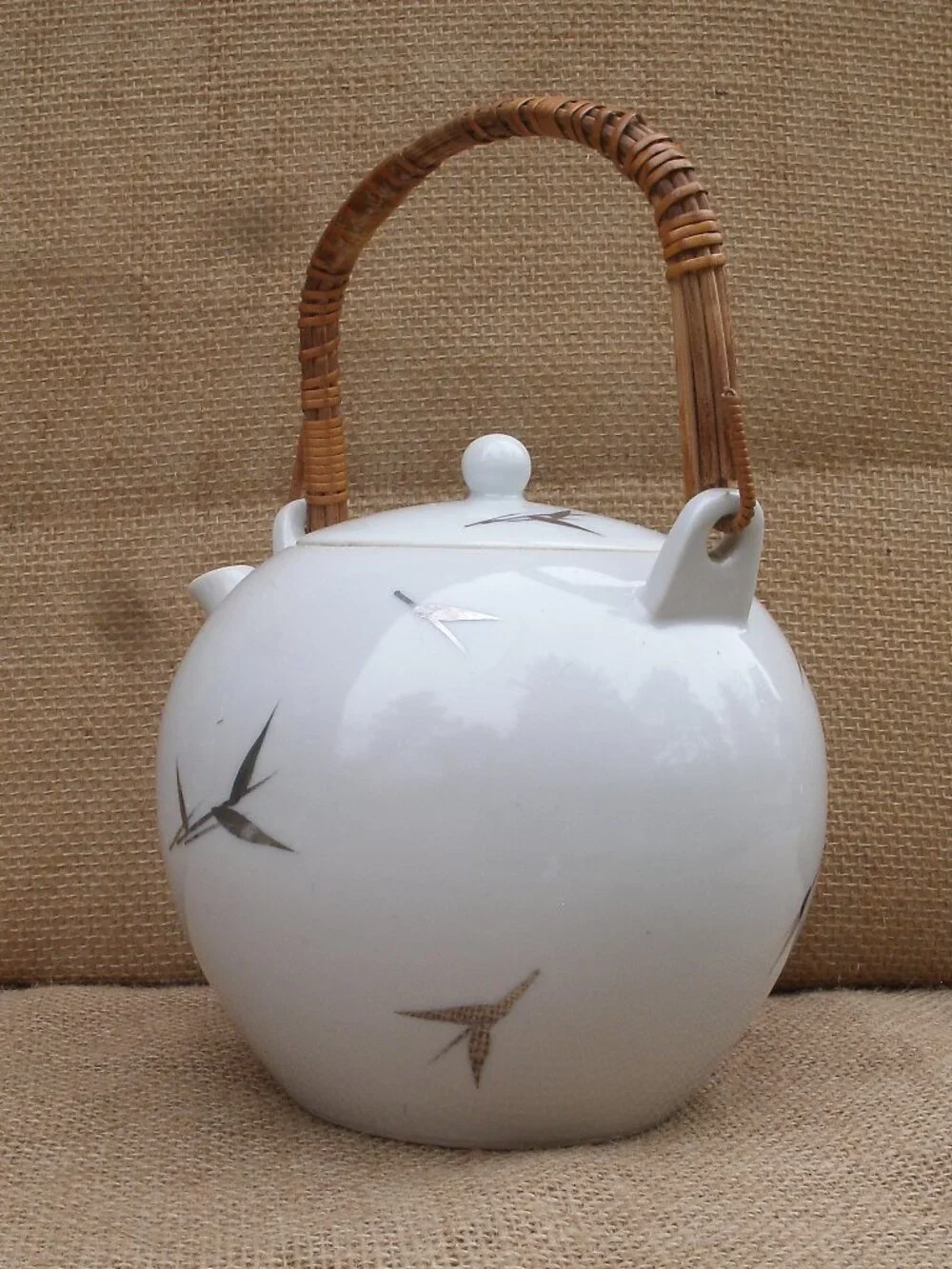 Vintage Otagiri Brushstroke Bamboo Teapot Rattan Handle